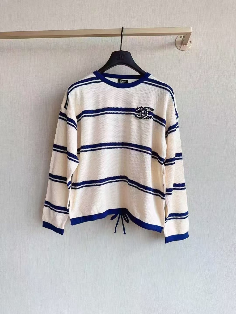 CHANEL 25P Employee Uniform Knit Sweater | Blue Stripe Logo Pullover | XL